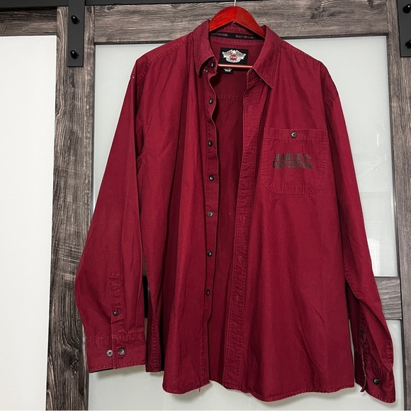 Harley-Davidson Men's Maroon Button-Down Shirt 100% Cotton Logo HOG Bikercore - Picture 2 of 9